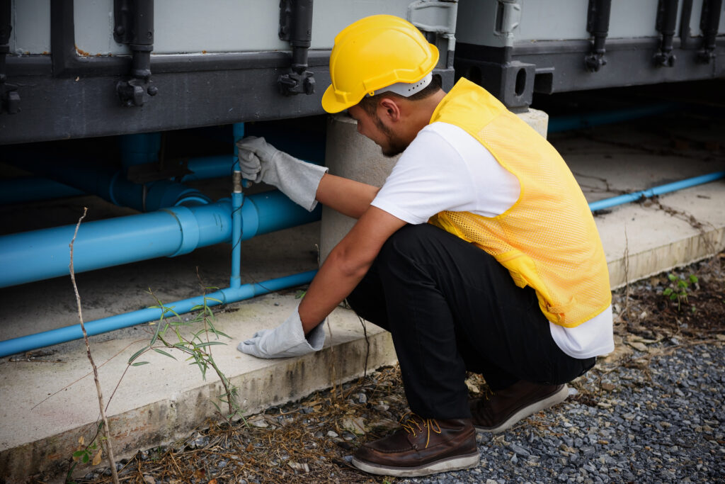 Asian foreman or engineer with yellow helmet checking blue water pipe at building construction site. Engineering Working outdoor